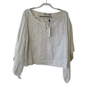 Ravel White Cotton Crochet Lace Tie Neck Bell Sleeve Blouse Boho Top NWT L/G